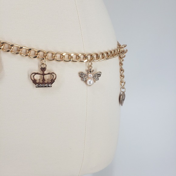 Juicy Couture Charm Chain Belt Women 2X Gold Pink Heart Crown Bee Y2K Rhinestone main image 6